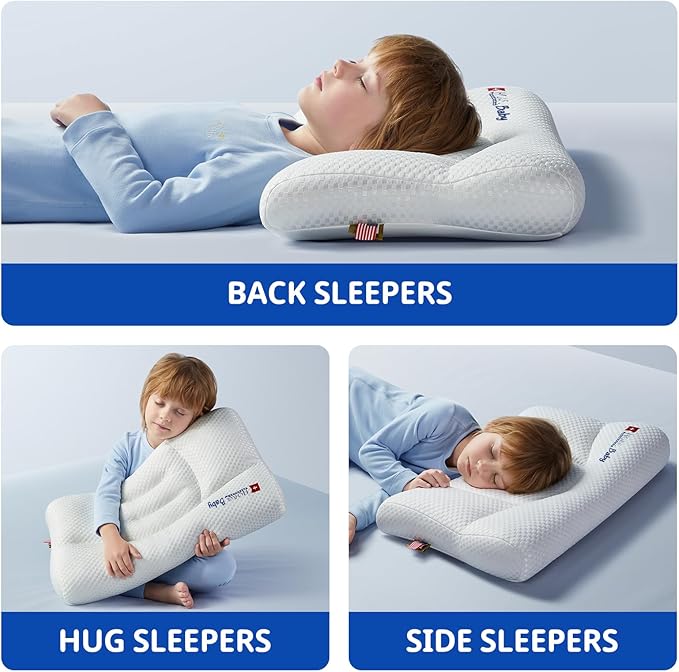 Toddler Pillow with Pillowcase, Breathable & Cozy Machine Washable Kids Pillow with Pillowcase, 21.6x13.8 Ergonomic Children Pillow for Boys and Girls Aged 6-12 (Blue, Height 3)