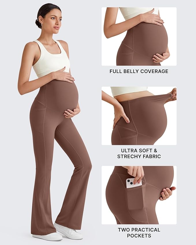 G4Free BareFeel Maternity Flare Leggings with Pockets Over The Belly Stretchy Casual Lounge Pregnancy Dress Pants for Work