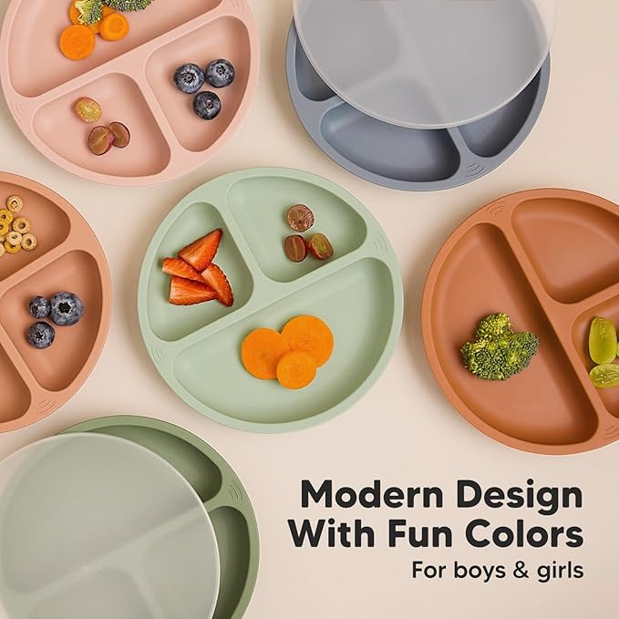 KeaBabies Suction Plates with Lids for Baby - 3-Pack 100% Silicone Toddler Plates with Suction, Divided, BPA-Free Baby Led Weaning Essentials for Kids, Dishwasher, Microwave Safe, Durable (Terracotta)