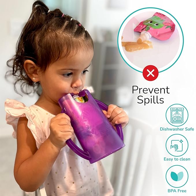 Flipping Holder Squeeze Proof Food Pouch Holder for Toddlers, Babies, Kids, Mess Free No Squeeze Juice Box Drink Holder with Easy Grip Handles and Lid - Made in USA (White 3 Pack)