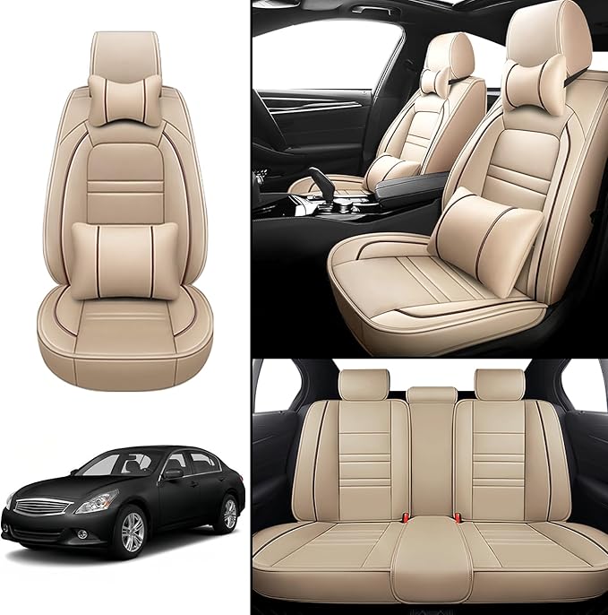Car Seat Covers for Infiniti g37 2008-2013 | 5-Seats Seat Covers, Waterproof Seat Protectors, Automotive Seat Covers (Full Set with Pillow,Beige)
