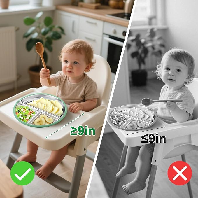 BUSOHA 3 Pack Stainless Steel Kids Plate Set - 9” Divided Toddler Baby Plates with Silicone Sleeves with Suction 2-in-1 Anti Breakage Metal Toddler Bowls Microwave Dishwasher Safe