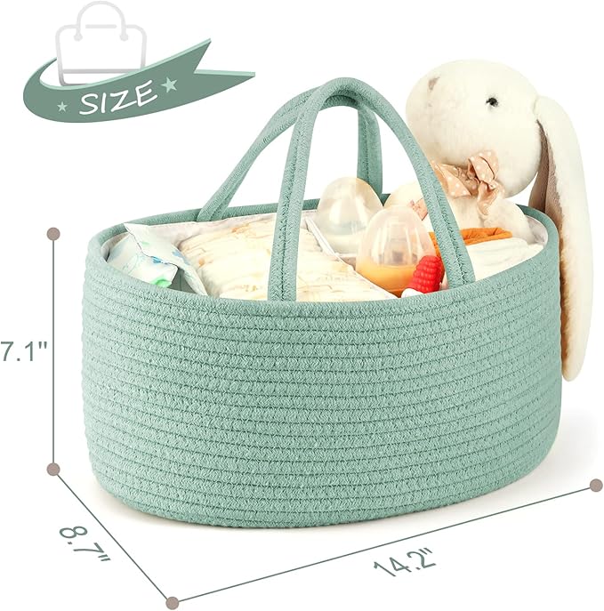 Maliton Diaper Caddy Organizer for Baby, Portable Diaper Storage Organizer for Changing Table and Car, Cotton Rope Nursery Storage Bin Basket for Baby Shower, Newborn Essentials Must Haves - Green