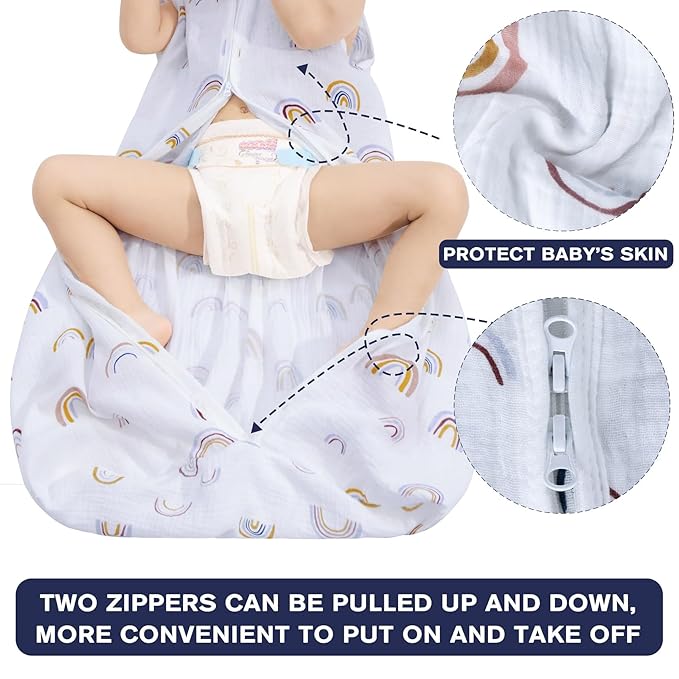 2 Pack Baby Sleep Sack 18-24 Months 100% Organic Cotton Muslin Baby Sleeping Bag 2-Way Zipper Wearable Blankets (Rainbow & Leaf, X-Large)