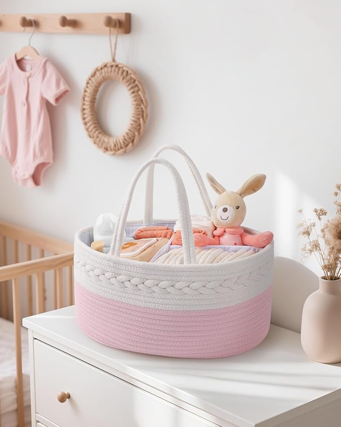 Maliton Diaper Caddy for Baby Girl-Cotton Rope Diaper Caddy, Diaper Organizer for Changing Table, Portable Baby Basket for Storage Baby Stuff, Newborn Registry Must Have Items