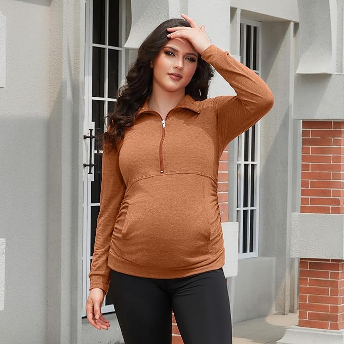 GINKANA Maternity Women's Long Sleeve Shirt Half Zipper Lapel Lightweight Casual Maternity Pullover with Pockets