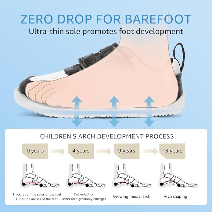 Toddler Wide Toe Box Barefoot Shoes Boys Girls Sneakers Zero Drop Kid Tennis Running Shoes Lightweight Non-Slip Comfortable Leather First Walking Shoe Outdoor Activities School