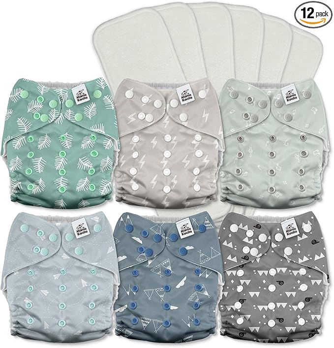Mama Koala 3.0 Pocket Cloth Diapers for Babies with AWJ Lining, 6 Pack with 6 5-Layer Natural Cloth Diaper Inserts - Reusable and Washable Pocket Diapers(A-The Gray Sky)