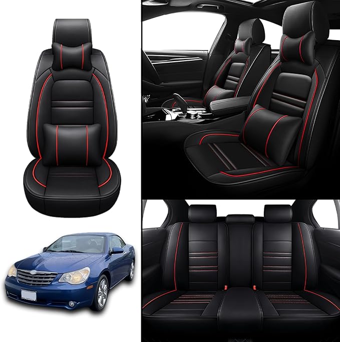 Car Seat Covers for Chrysler Car Sebring 2000-2010 | 5-Seats Seat Covers, Waterproof Seat Protectors, Automotive Seat Covers (Full Set with Pillow,Black&Red Line)
