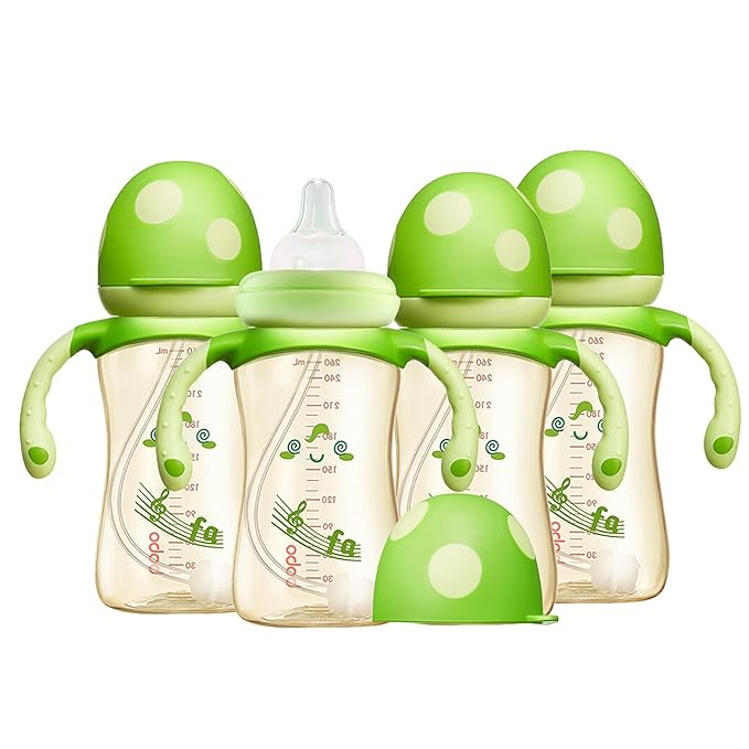 YOHKOH Natural PPSU Baby Bottle with Natural Response Nipple, Newborn Anti-Colic Baby Bottles with Handle, Wide Neck Mushroom Cap Baby Bottle (8.8oz (Pack of 4), Green1)