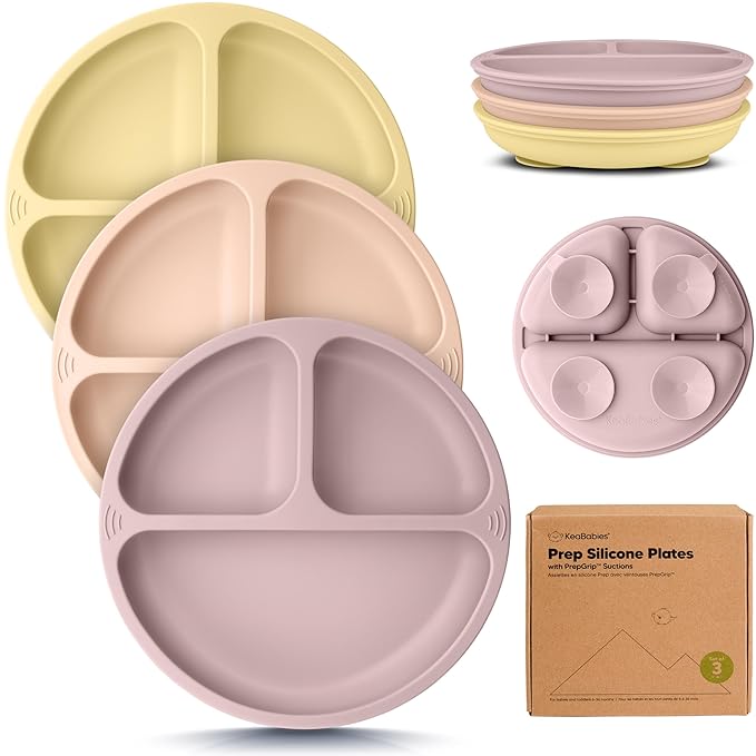 KeaBabies Suction Plates for Baby, Toddler - 3-Pack 100% Silicone Toddler Plates with Suction, Divided, BPA-Free Baby Led Weaning Essentials for Kids, Dishwasher, Microwave Safe, Durable (Dusk)