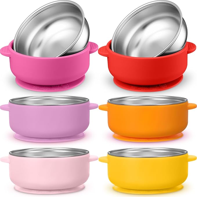 Nuogo 6 Pcs Stainless Steel Baby Bowls with Removable Silicone Shell 304 Toddler Bowls Kids Anti Scald Snack Container for Food Feeding, Dishwasher Safe(Red Series Color,Suction-a)