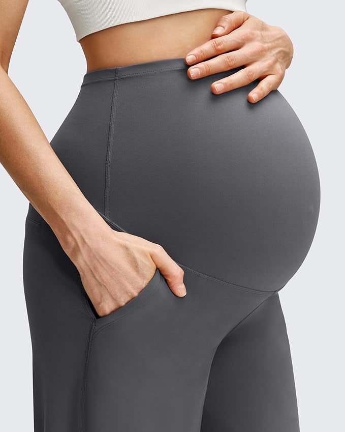 G4Free BareFeel Maternity Dress Yoga Pants with Pockets Over The Belly Stretchy Work Slack Pregnancy Wide Leg Casual Trousers