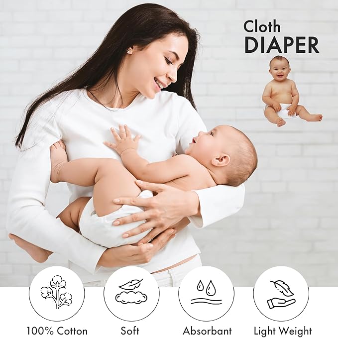 RUVANTI Unisex Birdseye Flat-Fold Cloth Diapers for Babies 6 Pack, 100% Cotton Reusable Diaper Inserts 23x23 Inches, White