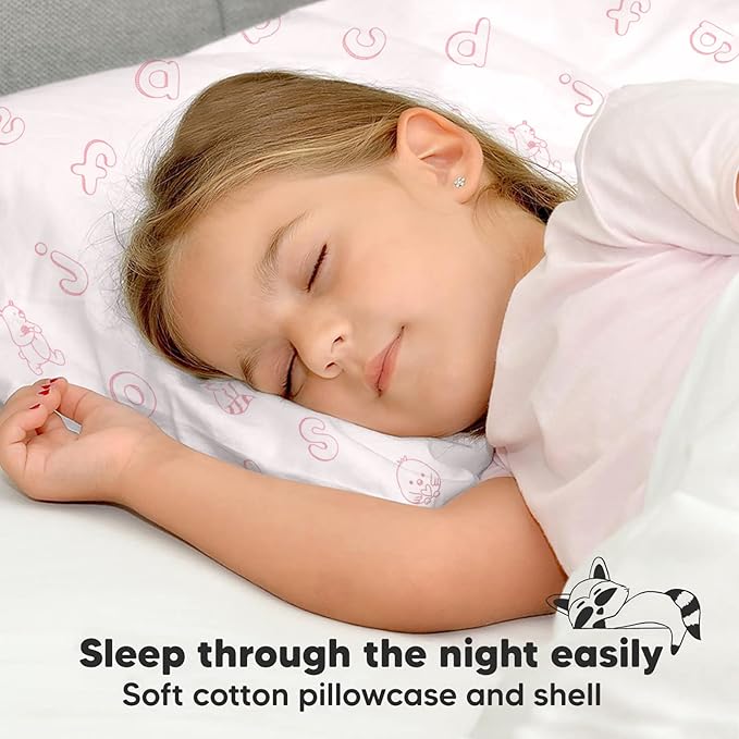 Toddler Pillow with Pillowcase - 13x18 My Little Dreamy Kids Travel Bed Pillows for Sleeping, Organic Cotton Small Pillowcase, Soft & Breathable, Machine Washable, Toddlers 2-5 (ABC Land Rose)