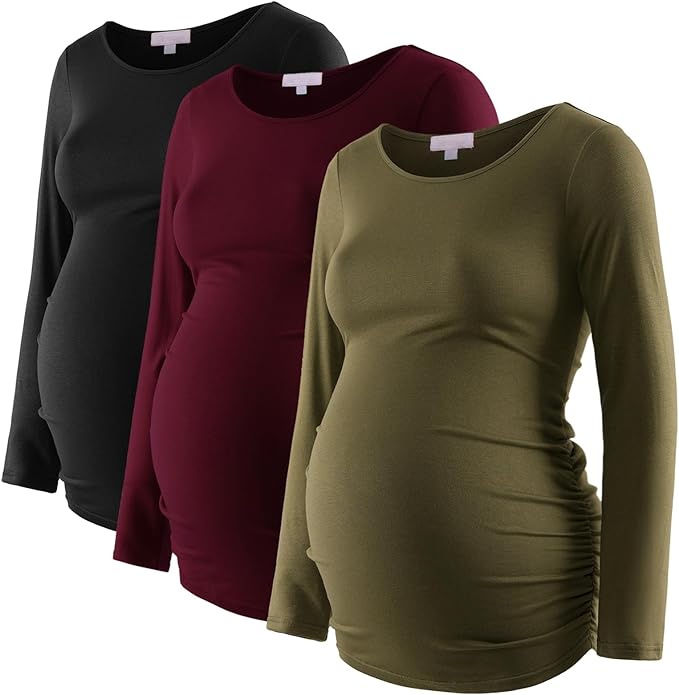 Bhome Women's Maternity Shirts 3 Packs Long Sleeve Pregnancy Tops Basic Side Ruched Tunic Blouse