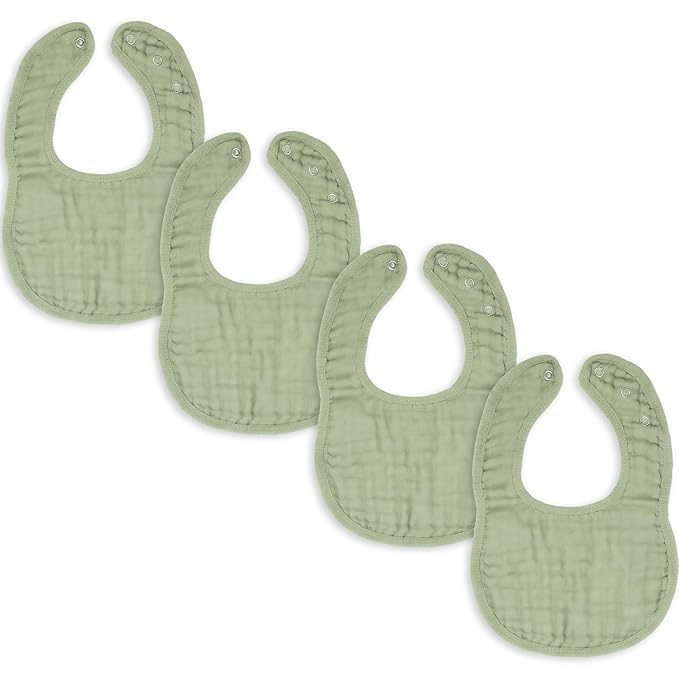 Comfy Cubs Muslin Bibs for Babies, Pack of 4 - Soft and Highly Absorbent, Feeding, Drool and Teething Bib, Adjustable Snaps - Stylish & Colorful Unisex Designs, Giftable Set - Sage
