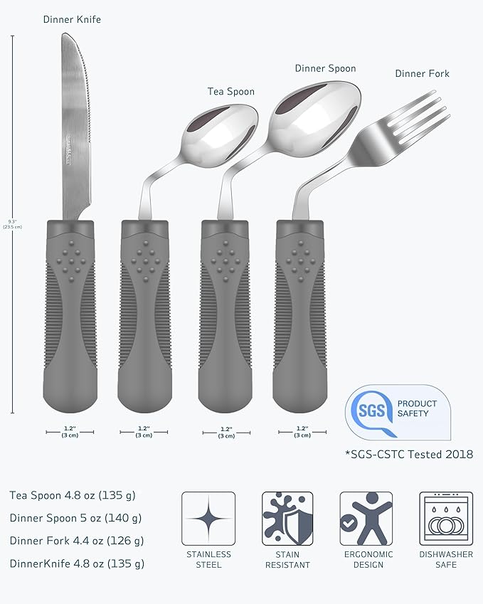 Adaptive Utensils (4-Piece Set) Weighted 5 oz - 42° Angled Utensils for Parkinson's Patients, Hand Tremors, Arthritis & Elderly - Eating Utensils for Elderly (Grey: Left Handed)