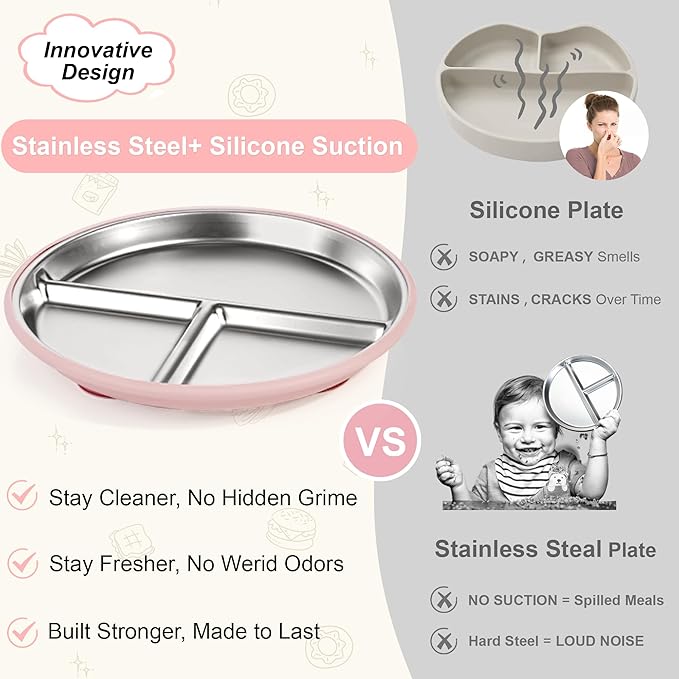 Bella’s Friends Stainless Steel Baby Plates with Suction 3 Pack, 8” Divided Toddler Plates with Removable Silicone Sleeves for Mess-Free Feeding, Non-Toxic, Non-Slip, Dishwasher Safe, beige,gray,green