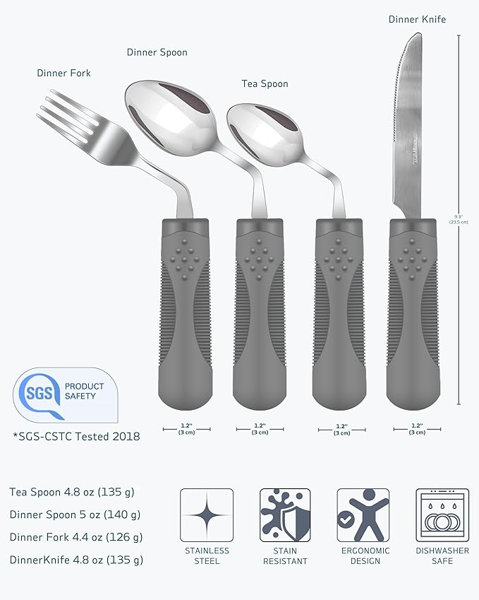 Adaptive Utensils (4-Piece Set) Weighted 5 oz - 42° Angled Utensils for Parkinson's Patients, Hand Tremors, Arthritis & Elderly - Eating Utensils for Elderly (Grey: Right Handed)