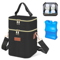 PIIOSER Baby Bottle Tote Bag with Ice Pack, Fits 4 Baby Bottles Up to 9 Ounce, Small Insulated Breastmilk Cooler Travel Bag with Shoulder Strap for Nursing & Working Mom Daycare (Black-S)