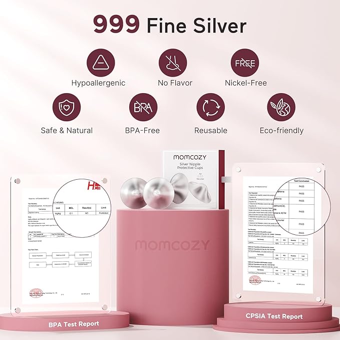 Momcozy 999 Silver Nursing Cups, Hole-Free Design, 999 Silver Nipple Shields, Breastfeeding Essentials, Silver Nipple Shields for Breastfeeding Newborns, Metal Nipple Shields, Regular Size
