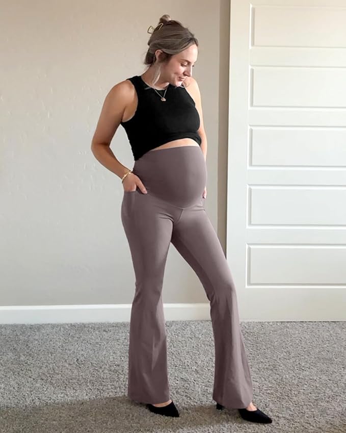 G4Free BareFeel Maternity Flare Leggings with Pockets Over The Belly Stretchy Casual Lounge Pregnancy Dress Pants for Work