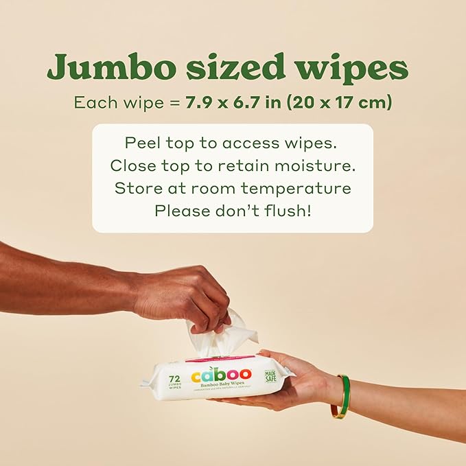 Caboo Baby Wipes, Made with Bamboo Viscose, Certified Made Safe Ingredients, Unscented Baby Wipes Good for Sensitive Skin, 72 Wipes Per Travel Pack, Total of 216 Wet Wipes