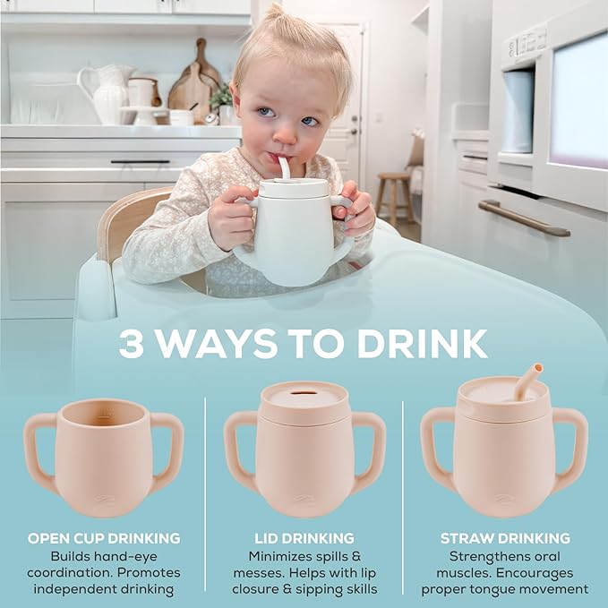 3-in-1 Silicone Training Cup with Straw & Lid - Baby Led Weaning Transition Sippy Cups for 6+ Month Old - Spill Proof Training Cup for Baby - BPA-Free Transition Sippy Cups (Sky Blue)