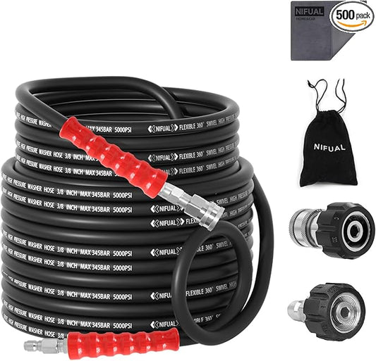 3/8" Non Marking Pressure Washer Hose 100 FT,Kink Resistant Power Washer Replacement Hose Steel Wire Braided for Hot and Cold Water, with M22 14mm to 3/8" Swivel Quick Connect, 5000 PSI (100FT)