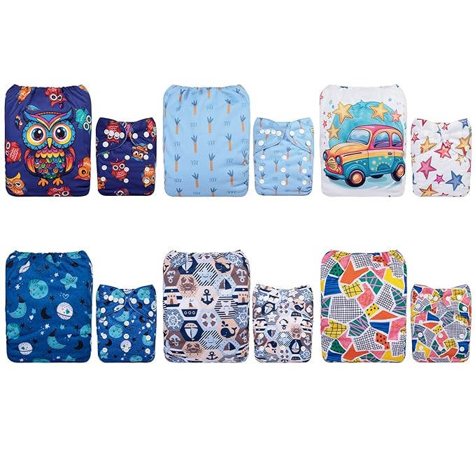 ALVA 6 Pack Cloth Diaper with 12 Inserts One Size Adjustable Washable Reusable Diaper Cover for Baby Girls and Boys