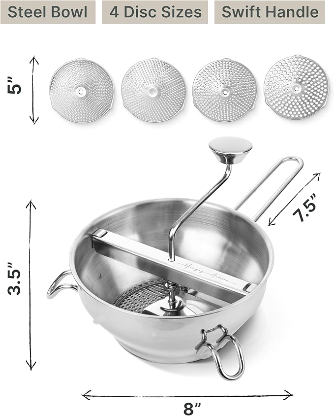 Upgraded 4-Disc Stainless Steel Food Mill – Ergonomic Rotary Design for Tomato Sauce, Applesauce, Baby Food, Mashed Potatoes, Jams, and More