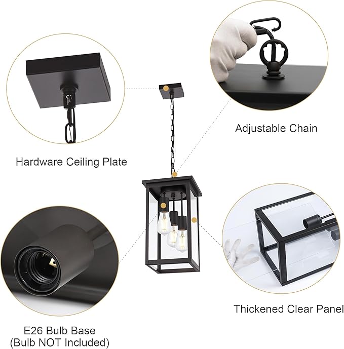 TODOLUZ 3-Light Large Outdoor Pendant Light Fixtures with Height Adjustable, Porch Hanging Lighting E26 Bulb Base in Oil Rubbed Bronze, Exterior Ceiling Lamp for Entrance Patio Garden