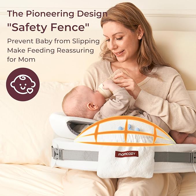 Momcozy CozyPro Nursing Pillow - All Around Lumbar & Arm Support - Safety Fence, Firm & Springy Memory Foam-Stable, Ergonomic Support, Easier Breastfeeding, Wider Cushion, Adjustable, Removable Cover