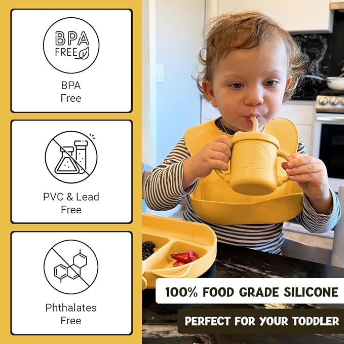 JEVASO Silicone Baby Feeding Set, Baby Led Weaning Supplies, Baby Self Feeding Essentials Suction Bowl Divided Plate Baby Bibs Spoons Forks Sippy Cup Teether, Toddler Eating Utensils for 6+ Months