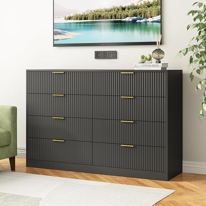 8 Drawer Dresser for Bedroom, Modern Fluted Double Dresser, 55" Wide Chest of Dressers, Wooden Beside Table for Closet, Living Room and Entryway, Black