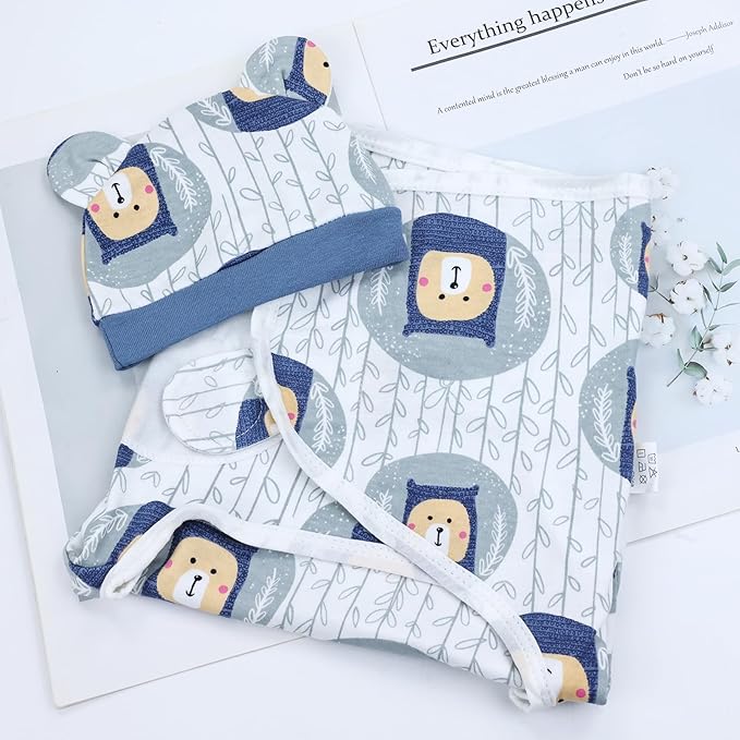 Cinaci 2 Pack Adjustable Soft Cotton Blend Newborn Baby Receiving Swaddle Blankets Sleep Sacks with Nursery Hats Caps Beanies Bonnets for Baby Girls Boys Newborns Infants