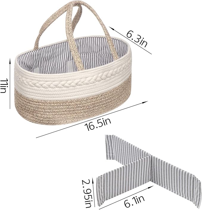 Baby Diaper Caddy Organizer -100% Cotton Baby Basket Bin with Removable Divider -Portable Tote Bag Storage Basket for Boy & Girl Nursery Organization (White & Yellow Variegated)