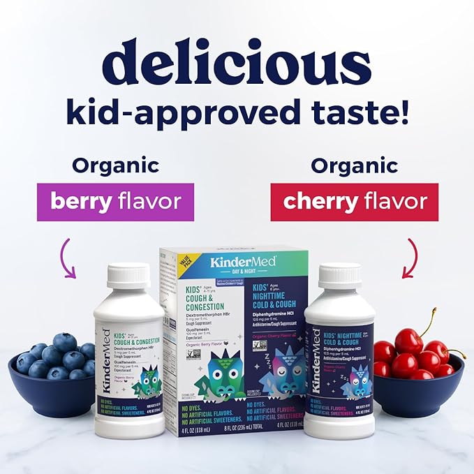 KinderMed Kids' Cough Day & Night Value Pack - Cough & Congestion Relief and Nighttime Cold Relief - No Artificial Flavors or Sweeteners - No Dyes (Organic Berry Flavor, 4 Fl Oz)