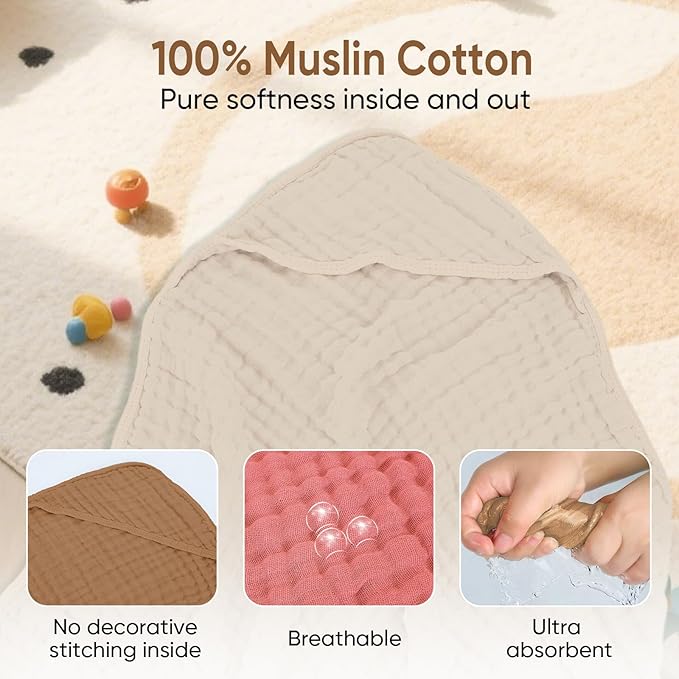 Muslin Hooded Baby Towels 100% Cotton ，Super Soft Muslin Baby Bath Towel - 32 x 32 Inches, Suitable for Newborn and Young Children up to 3 Years Old. (Beige & Green)
