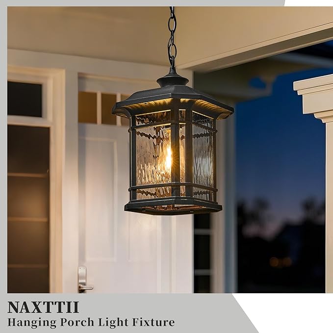 Outdoor Pendant Light Fixture Hanging Porch Light with Adjustable Chain Aluminum Frame with Tempered Water Ripple Glass Hanging Lantern for Front Door Porch Garden and Backyard