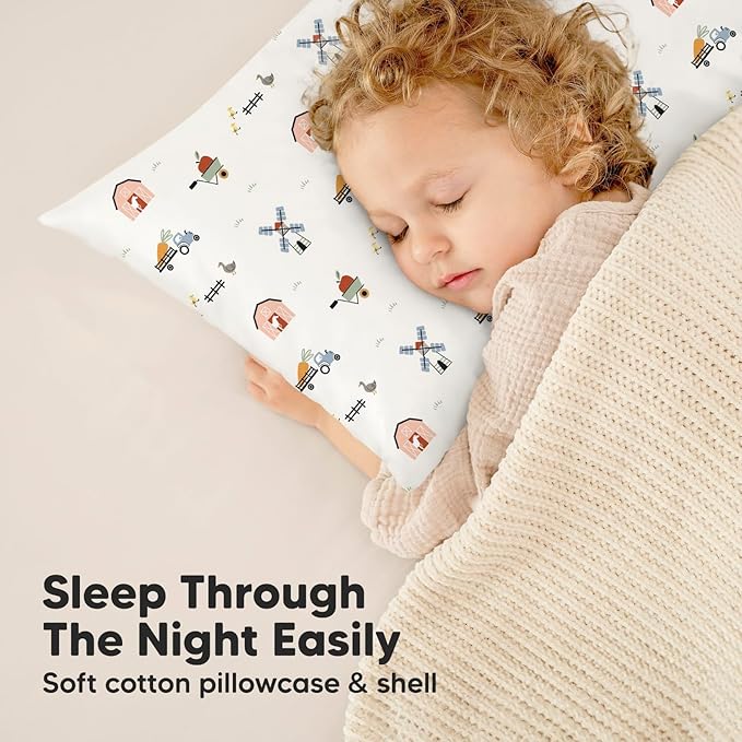 KeaBabies Toddler Pillow with Pillowcase, Jumbo 14X20 - Soft Organic Cotton Toddler Pillows for Sleeping - Machine Washable - Perfect for Travel, Toddler Bed Set (Barn)