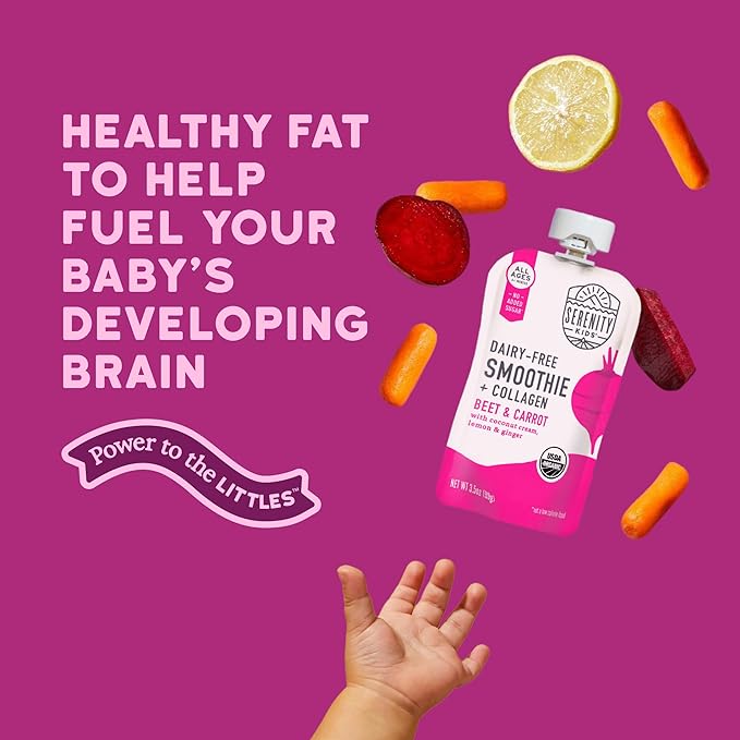 Serenity Kids 6+ Months Organic Baby Food Smoothie Pouch - Dairy-Free Beet & Carrot - USDA Certified Organic Protein Blend - 3.5 Oz, 6 Pack