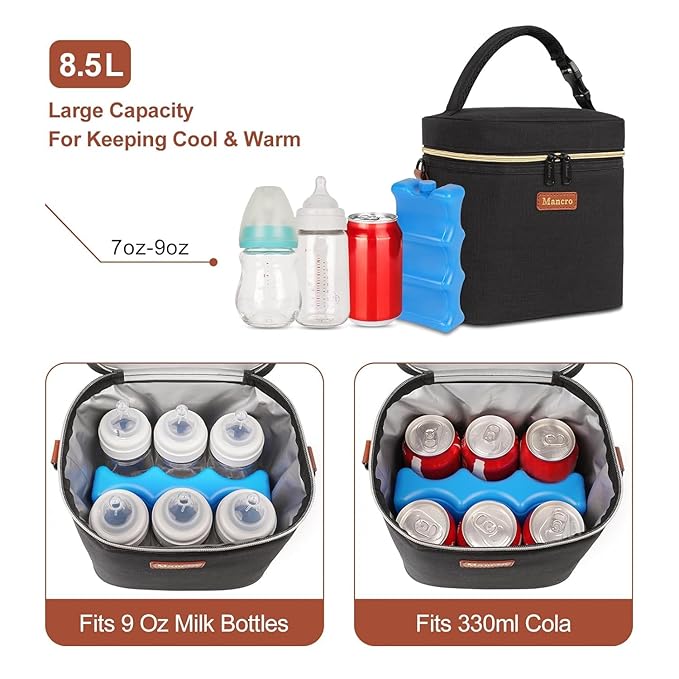 Mancro Breastmilk Cooler Bag with Ice Pack, Insulated Baby Bottle Bag Fits 6 Bottles up to 9oz, Waterproof Breast Milk Storage Bag for Daycare, Travel, Nursing Moms,Blue & Grey