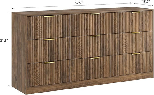 9 Drawer Dresser for Bedroom with Deep Drawers, 63" Wide Wood Dresser, Large Floor Chest of Drawers, Modern Long TV Stand, Mid Century Storage Cabinet Side Table, Natural