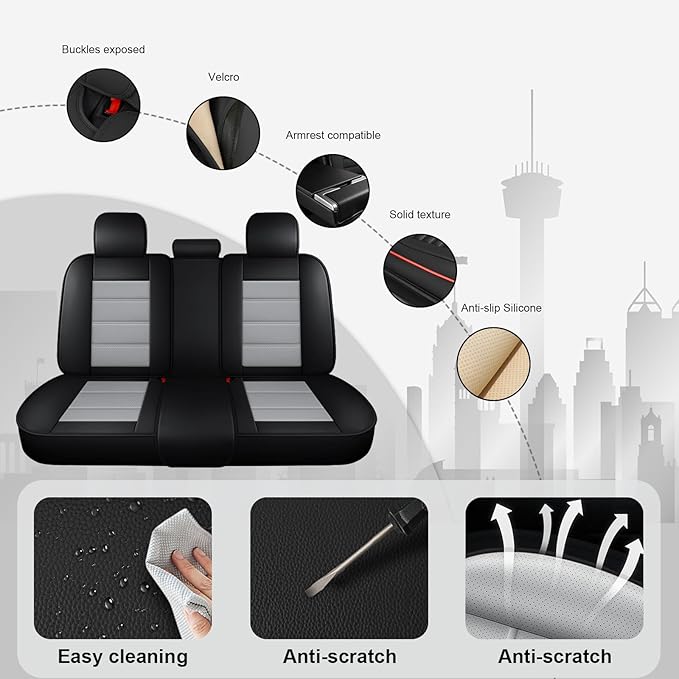 JOJ Fit for Toyota Highlander 2001-2022 Seat Covers,7 Seat Car Seat Cover,No-Slip Waterproof Breathable Faux Leather Automotive Seat Covers Auto Interior Covers,Full Set with Pillow,Black Gray
