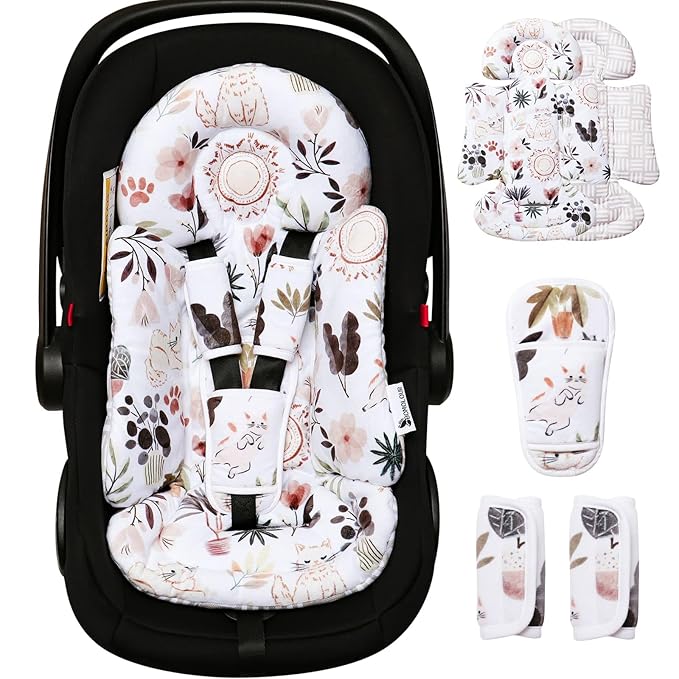 Infant Insert, Enlarged Head Support for Baby, Reversible Newborn Insert with 3 Strap Covers, 2-in-1 Baby Cushion for Stroller, Swing, Bouncer, Rocker - Yellow Cat