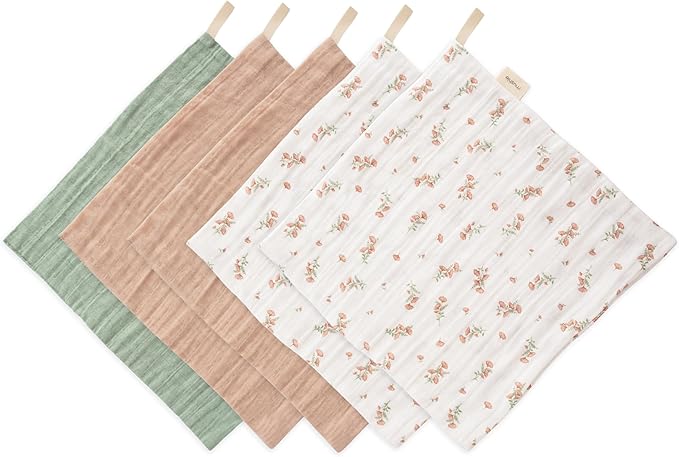 mushie Muslin Organic Cotton Washcloths 5-Pack (Pink Flowers Combo) | Soft Wipes for Baby Cleanups and Bathing