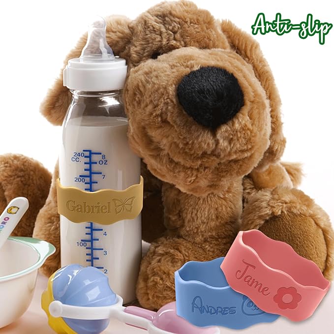Personalized Baby Bottle Labels for Daycare Custom Water Bottle Name Bands Customized Engraved Silicone Baby Reusable Bottle Straps Labels for Cups School-Yellow