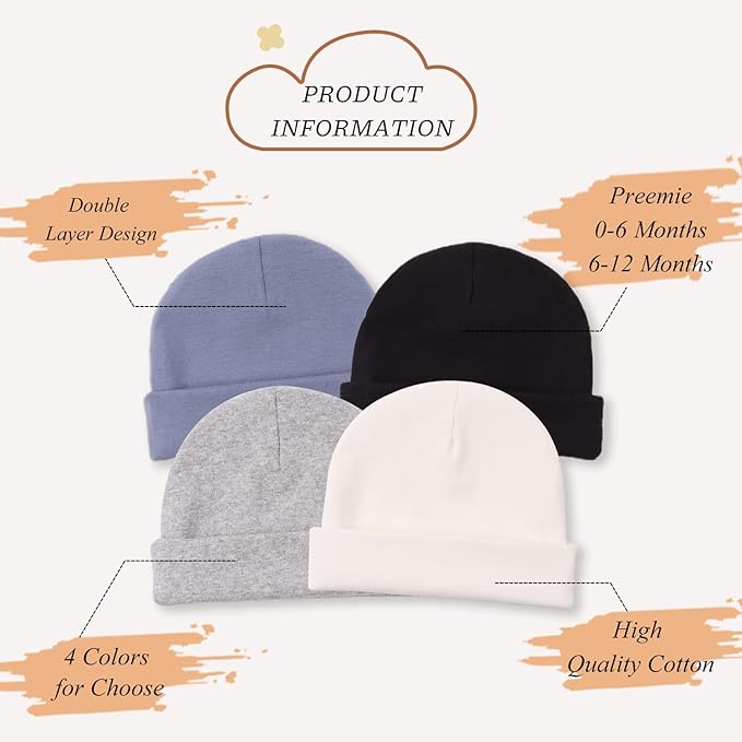 Bamery Cotton Baby Girl Hat Preemie Boys Beanie Newborn Hospital Hats Winter Infant Hats for Girls